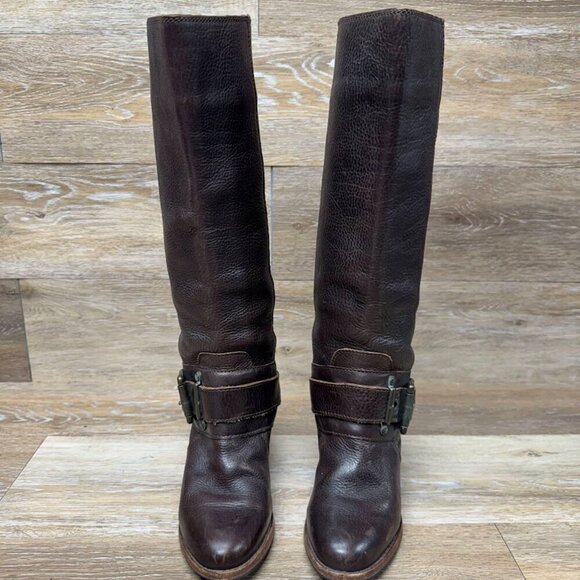 Frye Brown Leather Over the Knee Buckle Accent Heeled Boots Women's Size… - Picture 2 of 9